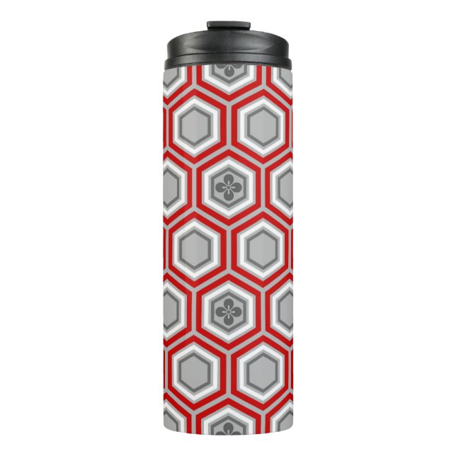 Hexagonal Kimono Print, rot und grau / grau Thermosbecher (Vorderseite)