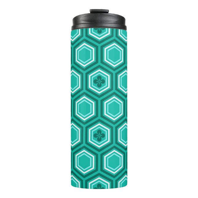 Hexagonal Kimono Print, Türkis und Aqua Thermosbecher (Vorderseite)