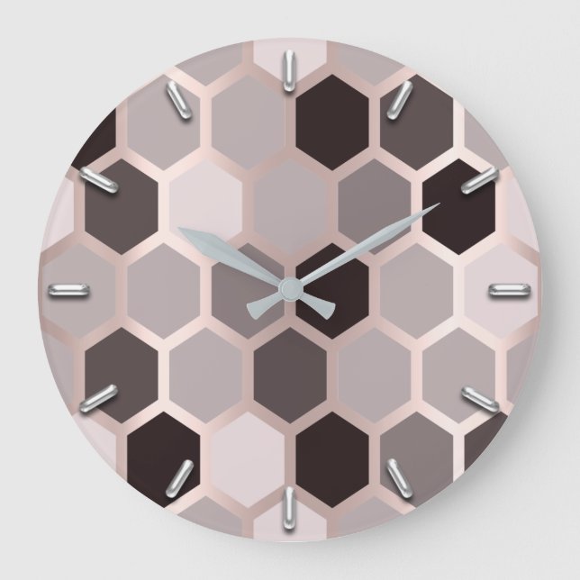Hexagone Honeycomb Rose Mauve Gray Geometry Große Wanduhr (Vorderseite)