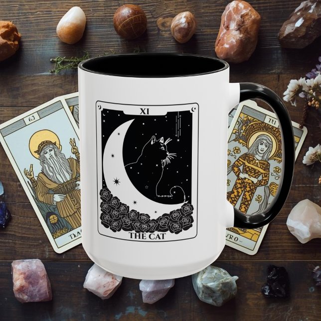 Hexchy Mystical Cat Tarot Card Schwarz/Weiß Tasse (Cat Tarot Card Black and White Mug for the witchy, spiritual and psyhic.)
