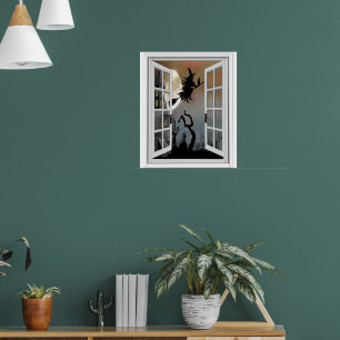 Hexe auf Besenstiel-Fensterblick Halloween Poster