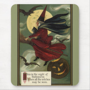 Hexe auf Besenstiel mit Katze zum Vintage-Hallowee Mousepad