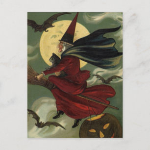 Hexe auf Besenstiel mit Katze zum Vintage-Hallowee Postkarte