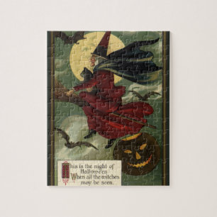 Hexe auf Besenstiel mit Katze zum Vintage-Hallowee Puzzle