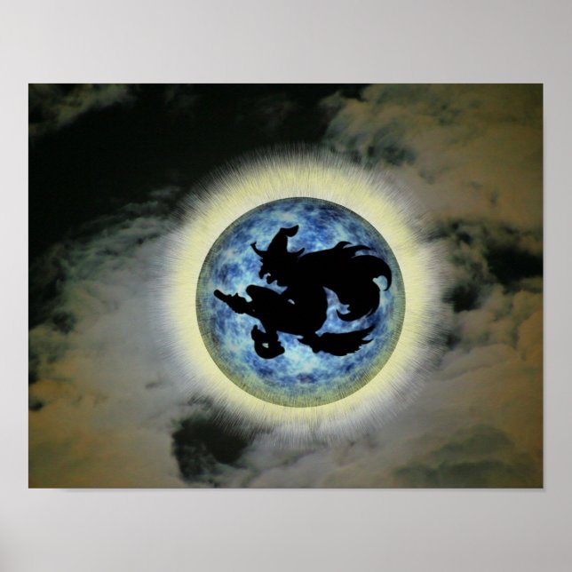 Hexe auf Broom Blue Full Moon Halloween Poster (Vorne)