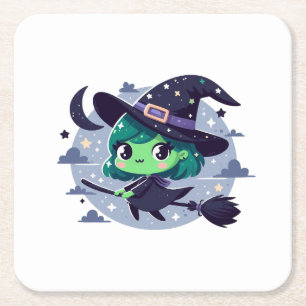 Hexe auf Broom Halloween Niedlicher Cartoon Moon B Rechteckiger Pappuntersetzer