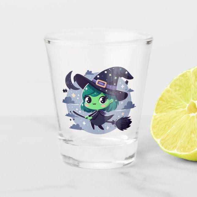 Hexe auf Broom Halloween Niedlicher Cartoon Moon B Schnapsglas (Vorderseite)