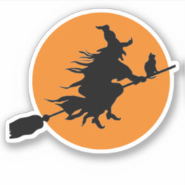 Hexe auf Broom mit Cat-Silhouette und Mond Aufkleber
