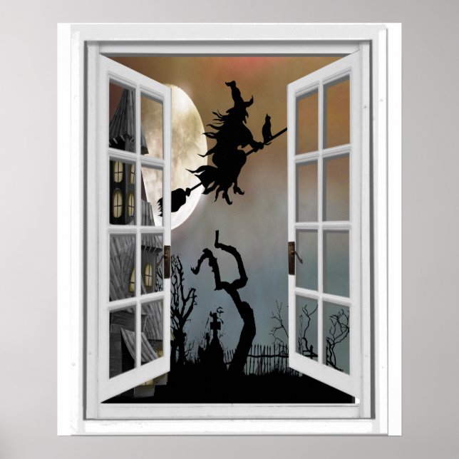Hexe auf Broomstick-Fensteransicht Poster (Vorne)