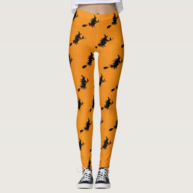 Hexe auf Broomstick Halloween Leggings (Vorderseite)