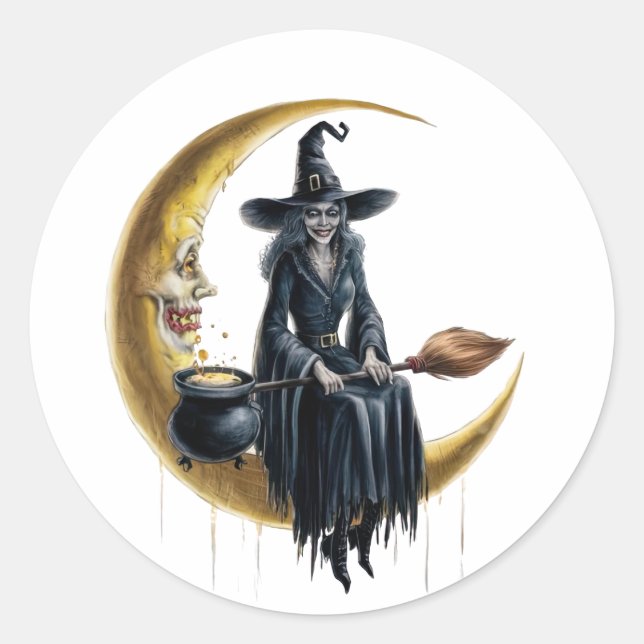 Hexe auf dem Mondsticker-Set Runder Aufkleber (Vorderseite)