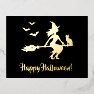 Hexe auf einem Besen Frohes Halloween Silhouette Folien Feiertagspostkarte