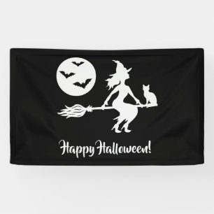 Hexe auf einem Besen Schwarz-Weiß Frohes Halloween Banner