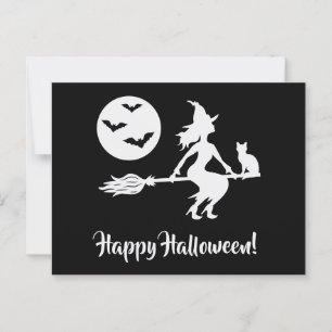 Hexe auf einem Besen Schwarz-Weiß Frohes Halloween Postkarte