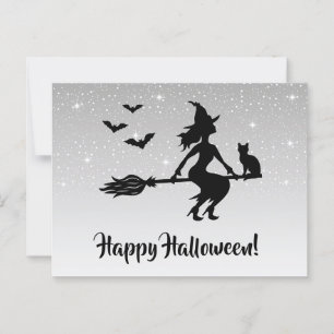 Hexe auf einem Besen Silbergrau und Schwarz Hallow Postkarte