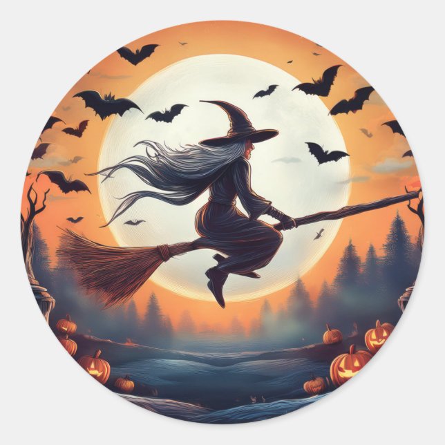 Hexe auf einem Broomstick im Mondschein mit Fleder Runder Aufkleber (Vorderseite)