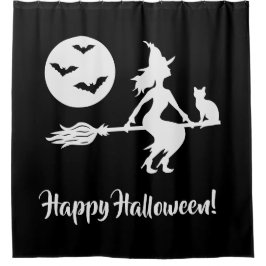 Hexe auf einem schwarzen und weißen Halloween Duschvorhang
