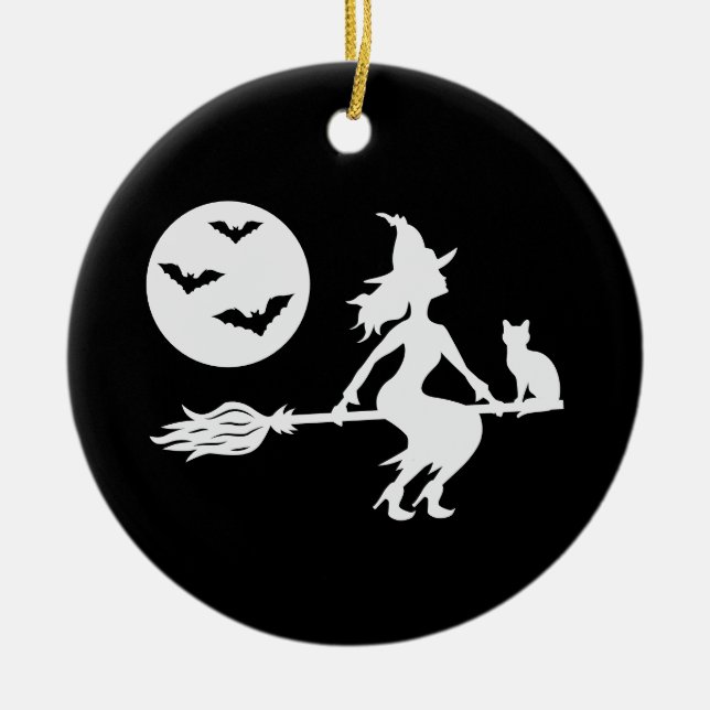 Hexe auf einem schwarzen und weißen Halloween Keramik Ornament (Vorne)