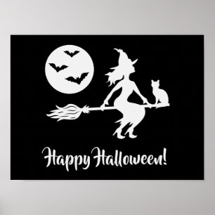 Hexe auf einem schwarzen und weißen Halloween Poster