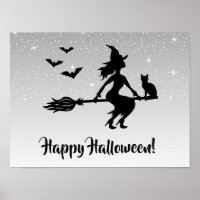 Hexe auf einem silbergrauen und schwarzen Hallowee