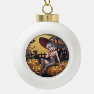 Hexe auf Jack-O-Lantern Halloween-Farm Keramik Kugel-Ornament