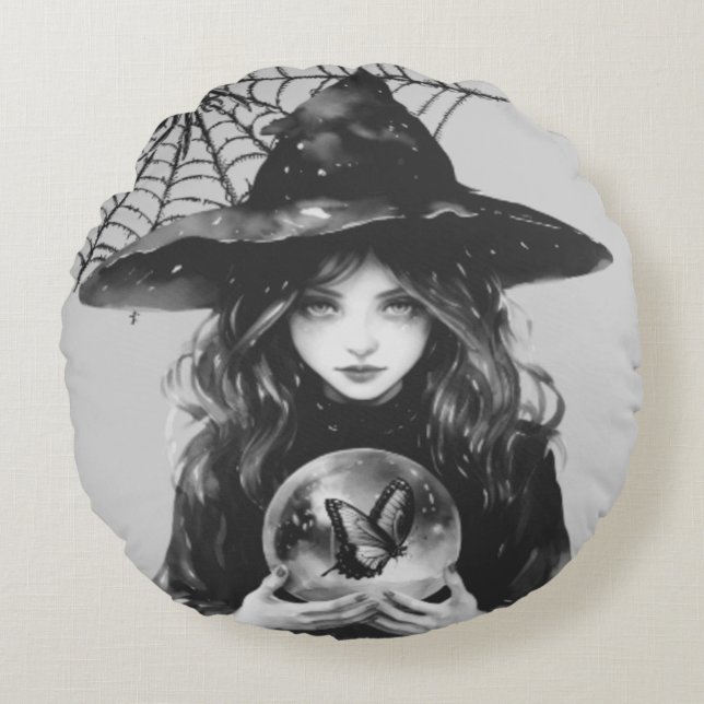 Hexe auf rundem Kissen (Vorderseite)