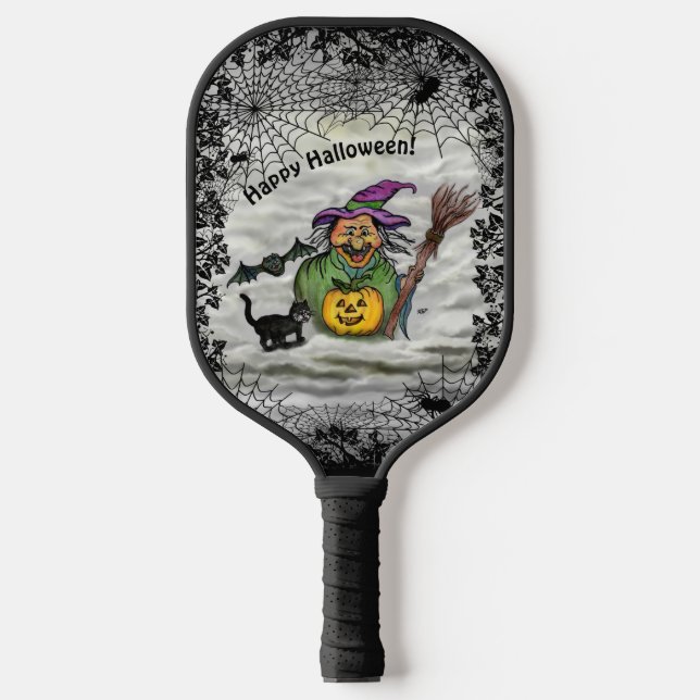 Hexe, Bat, Katze und Kürbis, glückliches Halloween Pickleball Schläger (Vorderseite)