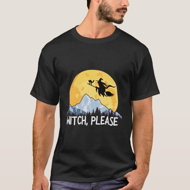 Hexe bitte Halloween Puns Full Moon Broom T-Shirt (Vorderseite)