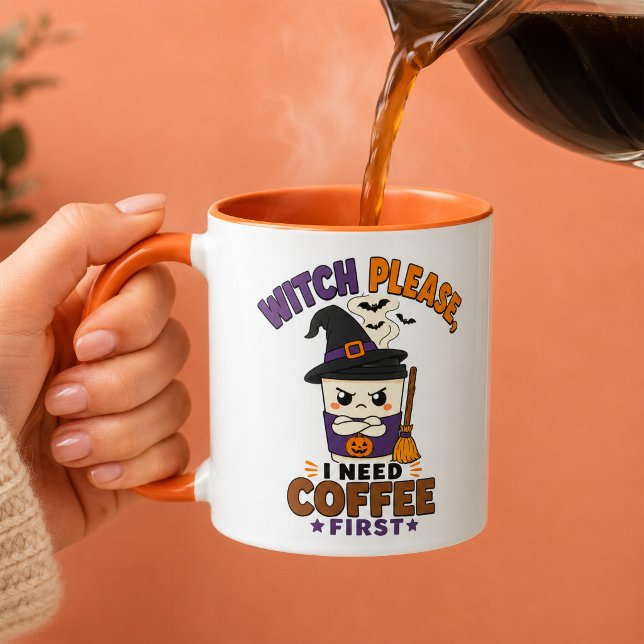 Hexe bitte, ich brauche erst Kaffee Orange Hallowe Tasse (Von Creator hochgeladen)