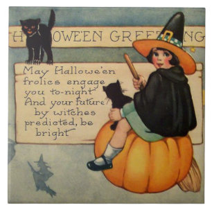 Hexe Black Cat Pumpkin Crescent Moon Fliese