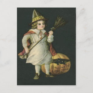 Hexe Broom Kürbislaterne Pumpkin Black Cat Postkarte