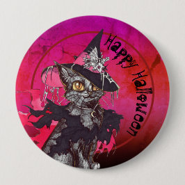 Hexe Cat Happy Halloween Button