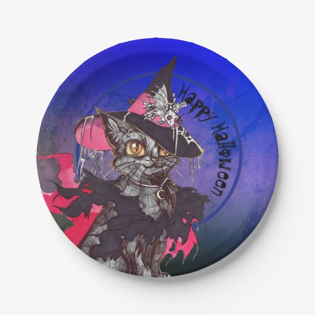 Hexe Cat Happy Halloween Pappteller (Vorderseite)
