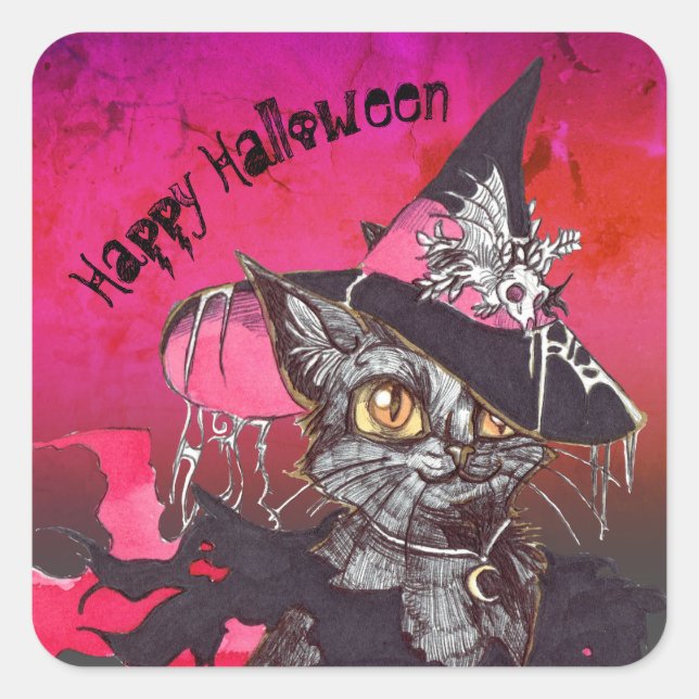 Hexe Cat Happy Halloween Quadratischer Aufkleber (Vorderseite)