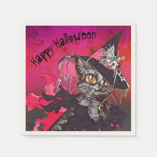 Hexe Cat Happy Halloween Serviette (Vorderseite)
