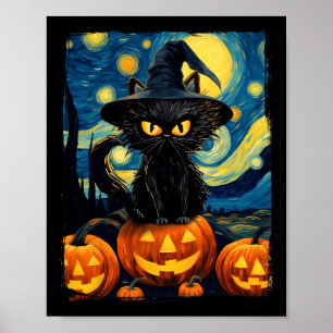 Hexe Cat Starry Night Van Gogh Retro Halloween Ca Poster