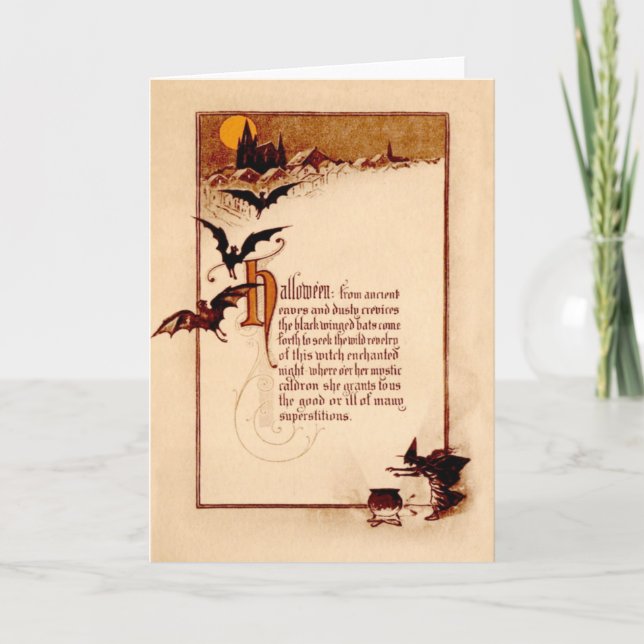 Hexe Cauldron Bat Full Moon Karte (Vorderseite)