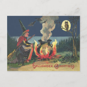 Hexe Cauldron Black Cat Bat Postkarte
