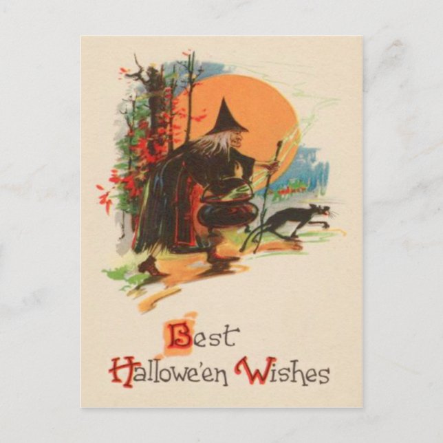 Hexe Cauldron Black Cat Full Moon Postkarte (Vorderseite)