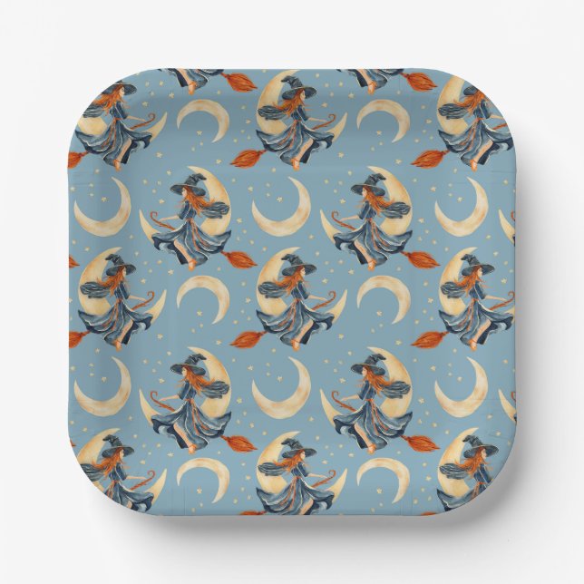 Hexe, die auf dem Mond fliegt Pappteller (Vorderseite)