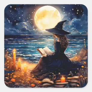 Hexe, die ein Buch liest - Wicca Halloween 1 Quadratischer Aufkleber