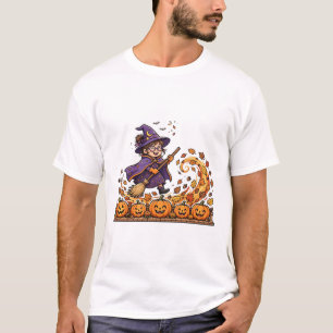 Hexe, die Herbstlaub fegt, Halloween-Kunst T-Shirt