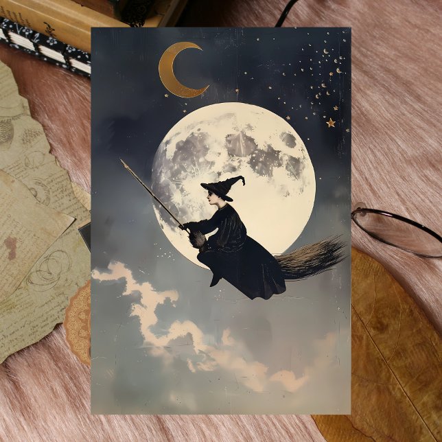Hexe, die über Vollmond auf dem Zimmer fliegt Seidenpapier (Witch Flying on Broom Across Full Moon Tissue Paper
)