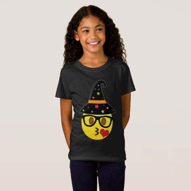 Hexe Emoji Halloween T - Shirt für Mädchen (Vorne ganz)