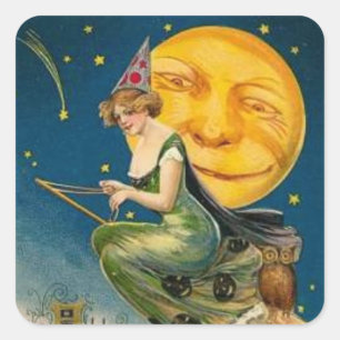 Hexe fliegt am Mond vorbei - Halloween-Aufkleber Quadratischer Aufkleber