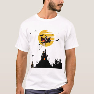 Hexe fliegt mit Kürbis Halloween T-Shirt