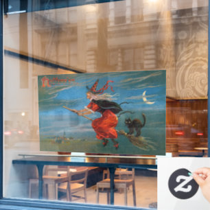 Hexe fliegt mit schwarzer Katze in der Halloween-N Fensteraufkleber