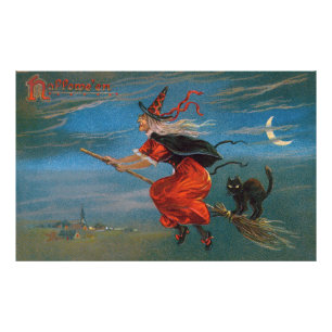 Hexe fliegt mit schwarzer Katze in der Halloween-N Fotodruck