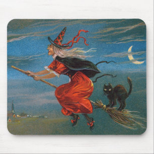 Hexe fliegt mit schwarzer Katze in der Halloween-N Mousepad