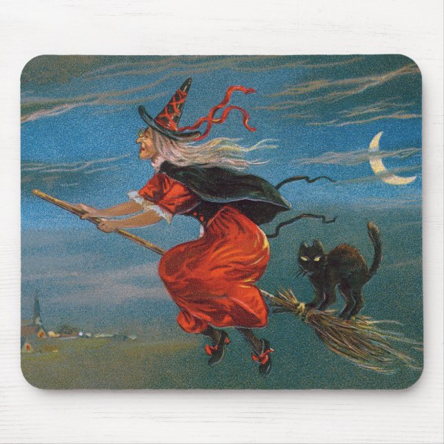 Hexe fliegt mit schwarzer Katze in der Halloween-N Mousepad (Vorne)